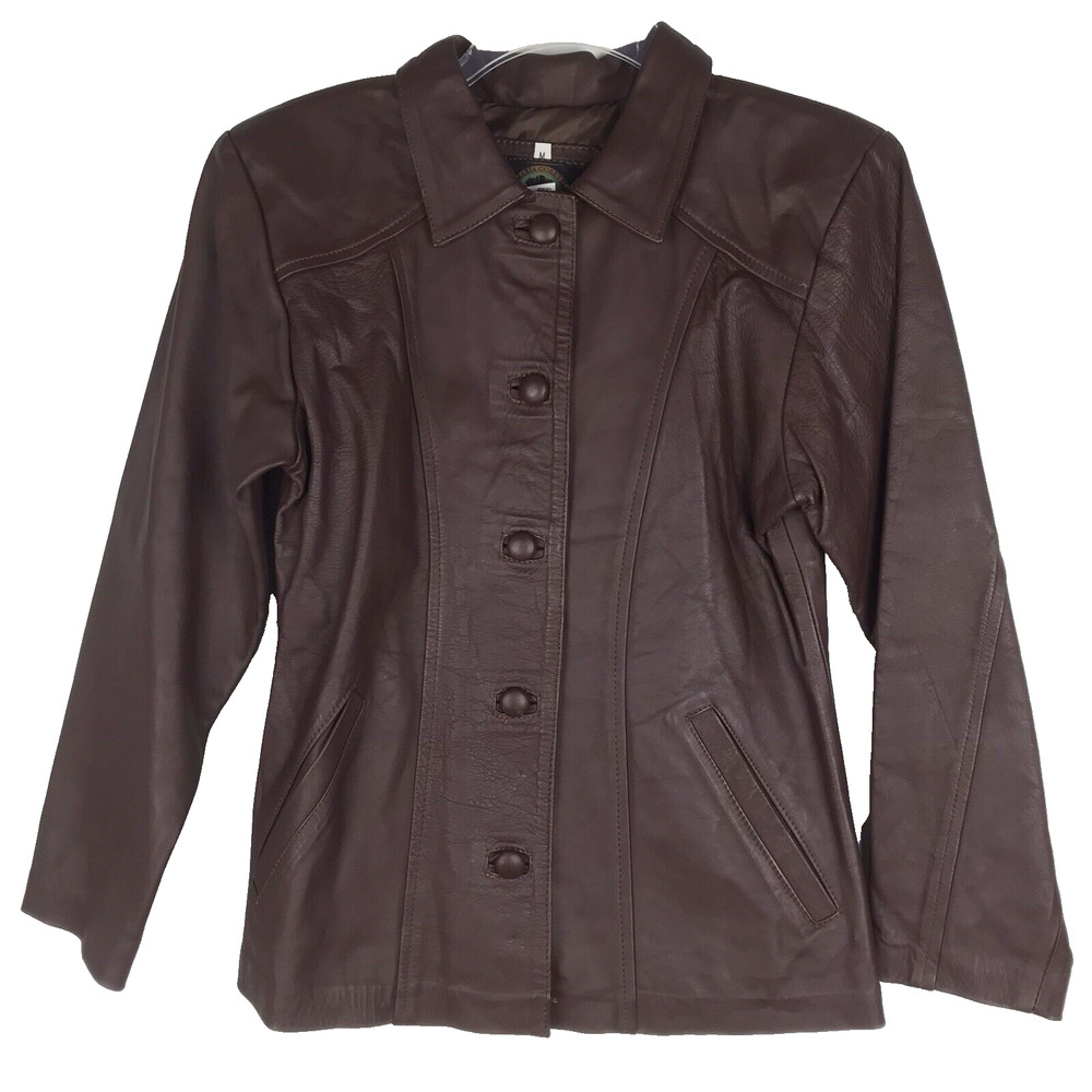 Vintage D' Maria Goretti Leather Jacket Brown Button Front Collar Pockets Medium